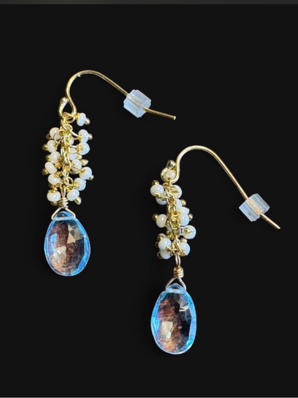 Blue topaz and seed pearl dangle earrings